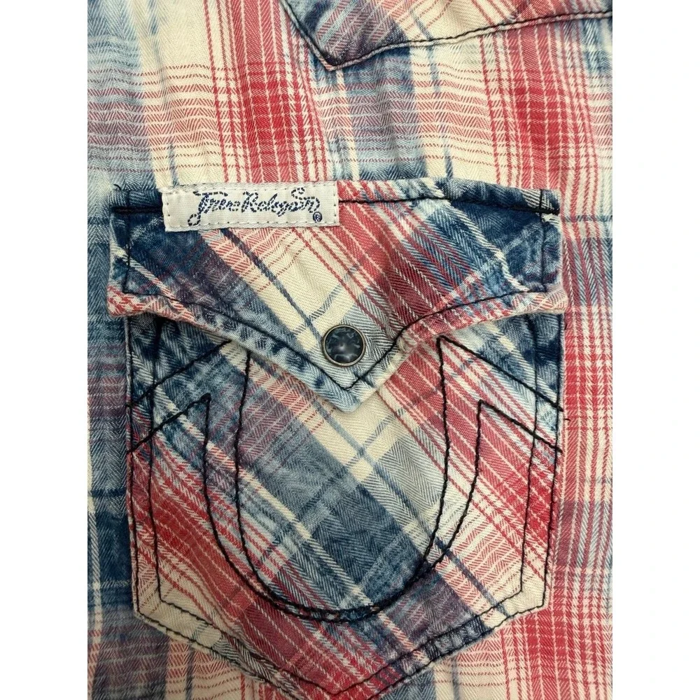 True Religion Mens XXL Plaid Western Shirt Red Blue Pearl Snap 100% Cotton